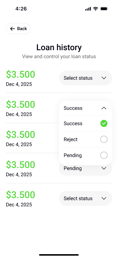 Loan history status selector
